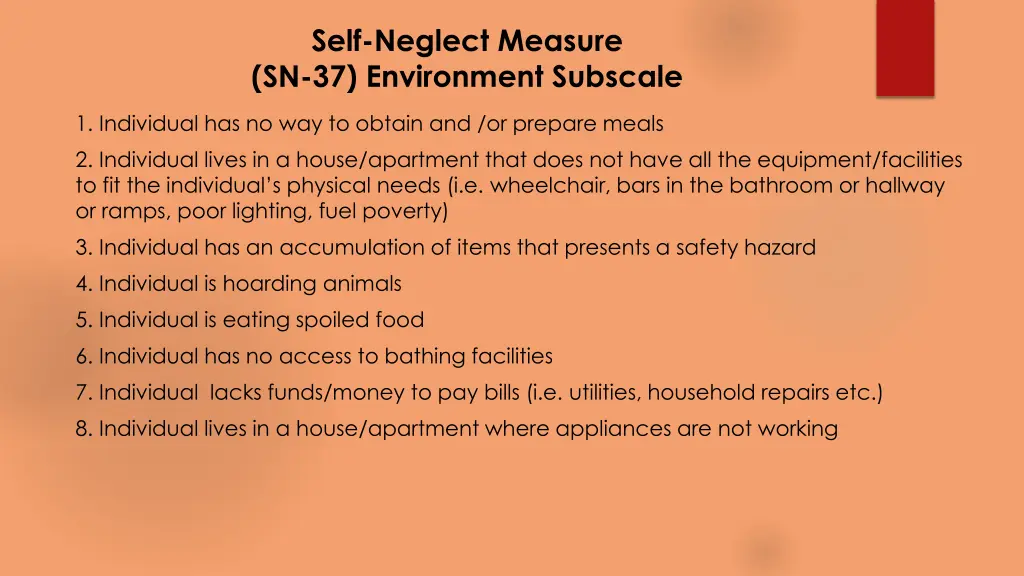 self neglect measure sn 37 environment subscale