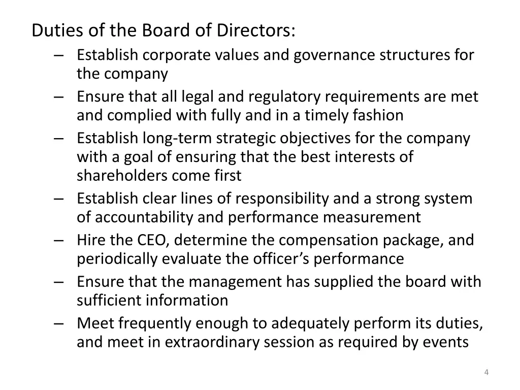 duties of the board of directors establish