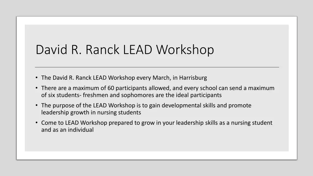 david r ranck lead workshop