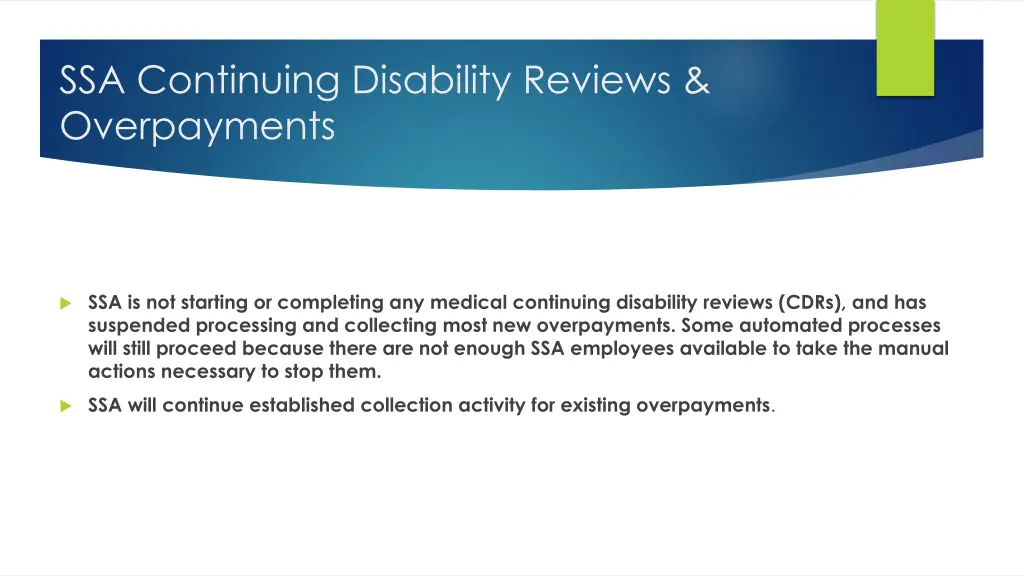 ssa continuing disability reviews overpayments