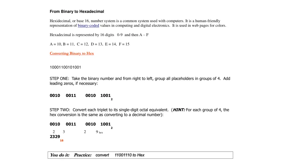 from binary to hexadecimal