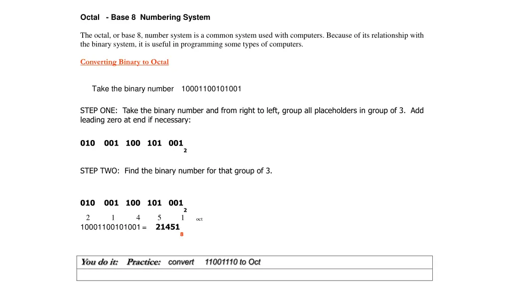 octal base 8 numbering system