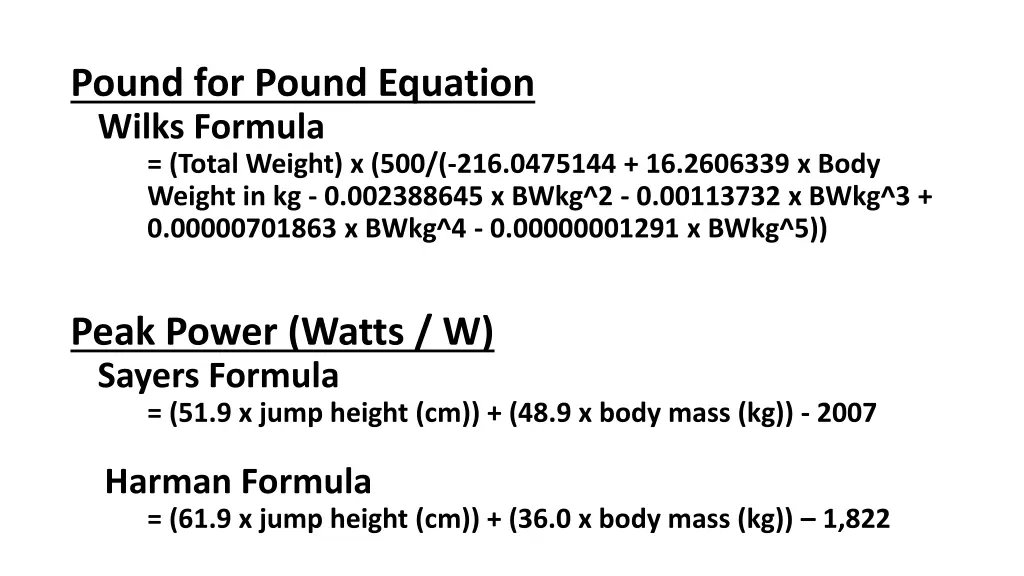 pound for pound equation wilks formula total