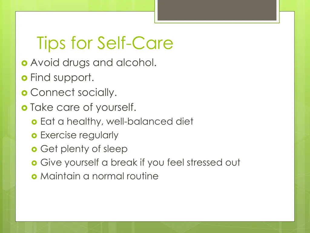 tips for self care avoid drugs and alcohol find