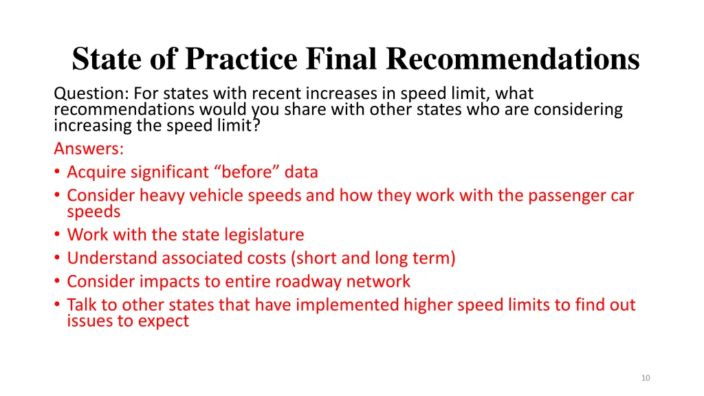 state of practice final recommendations question