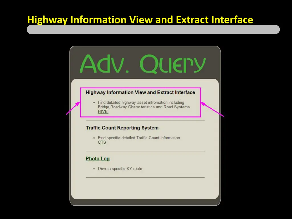 highway information view and extract interface 2