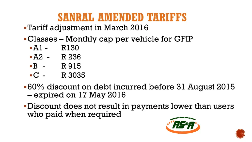 sanral amended tariffs tariff adjustment in march