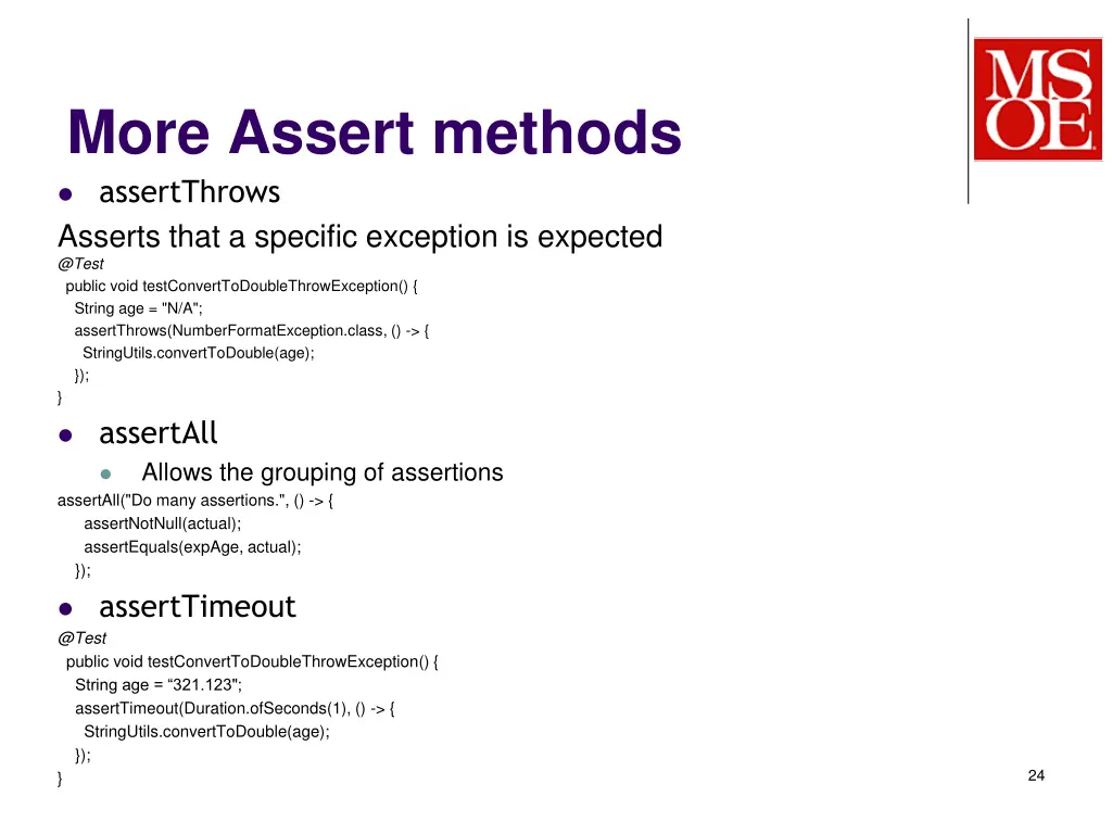 more assert methods assertthrows asserts that