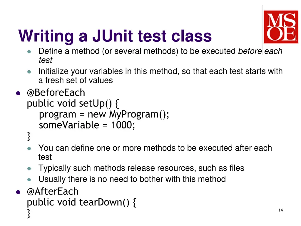 writing a junit test class define a method