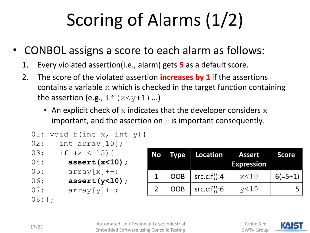 scoring of alarms 1 2