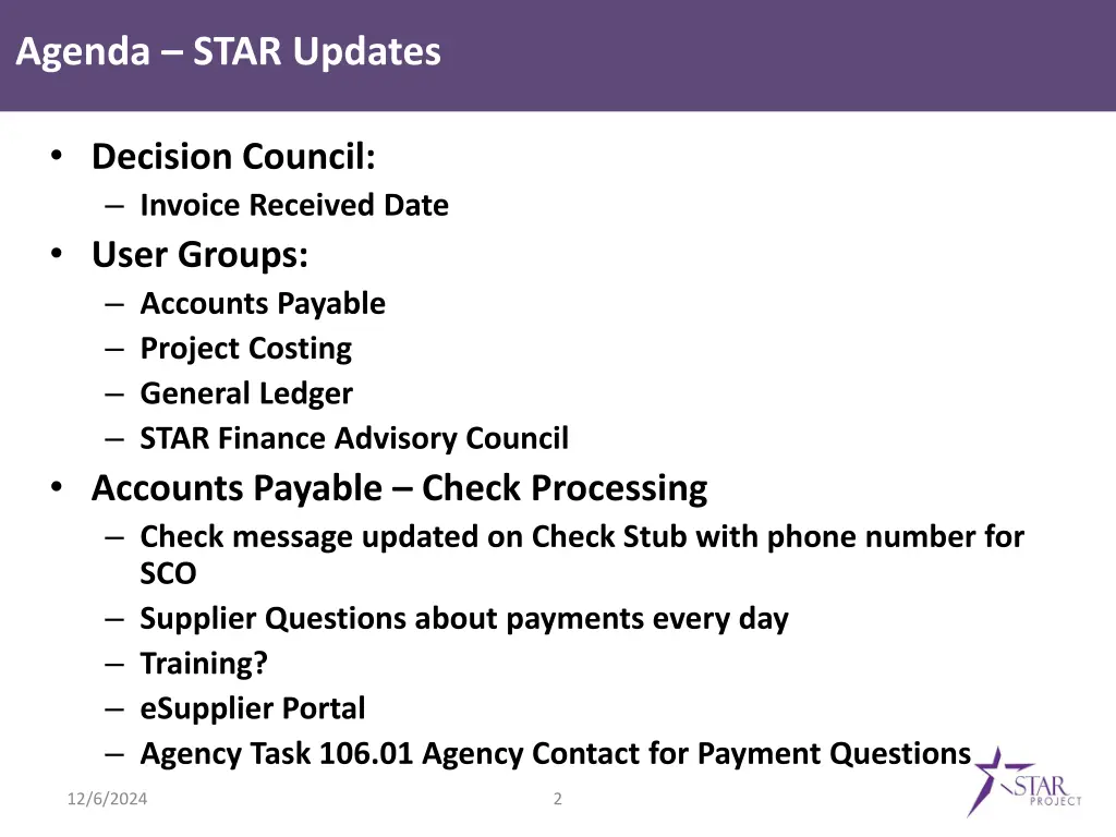 agenda star updates