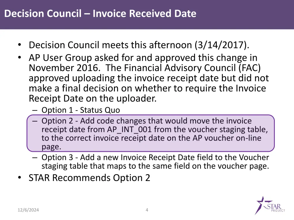 decision council invoice received date