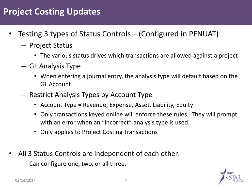 project costing updates