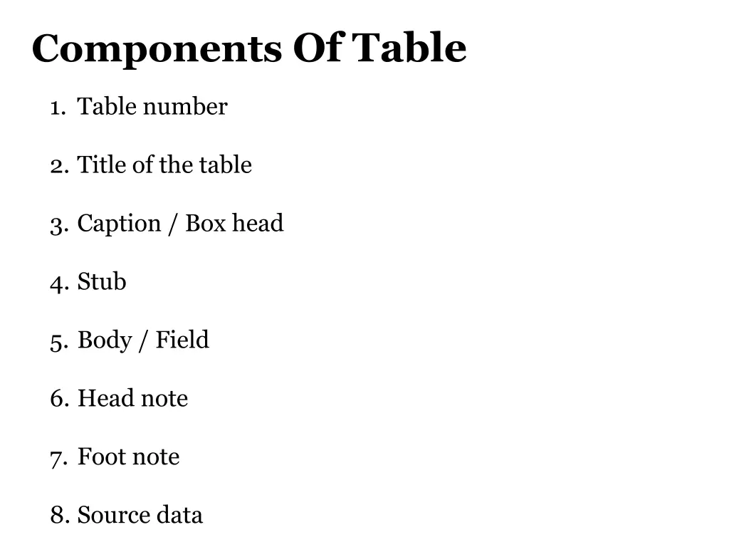 components of table