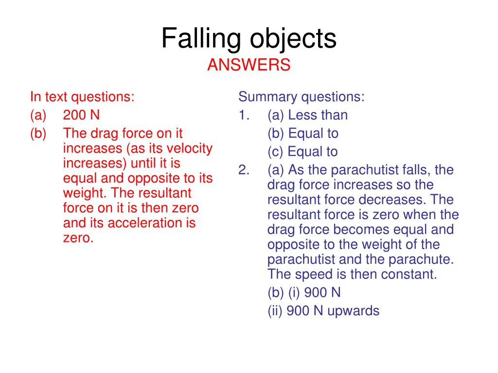 falling objects answers