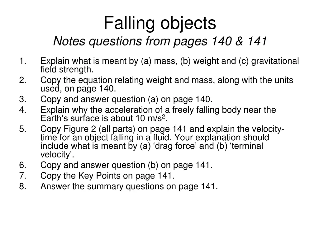 falling objects notes questions from pages 140 141