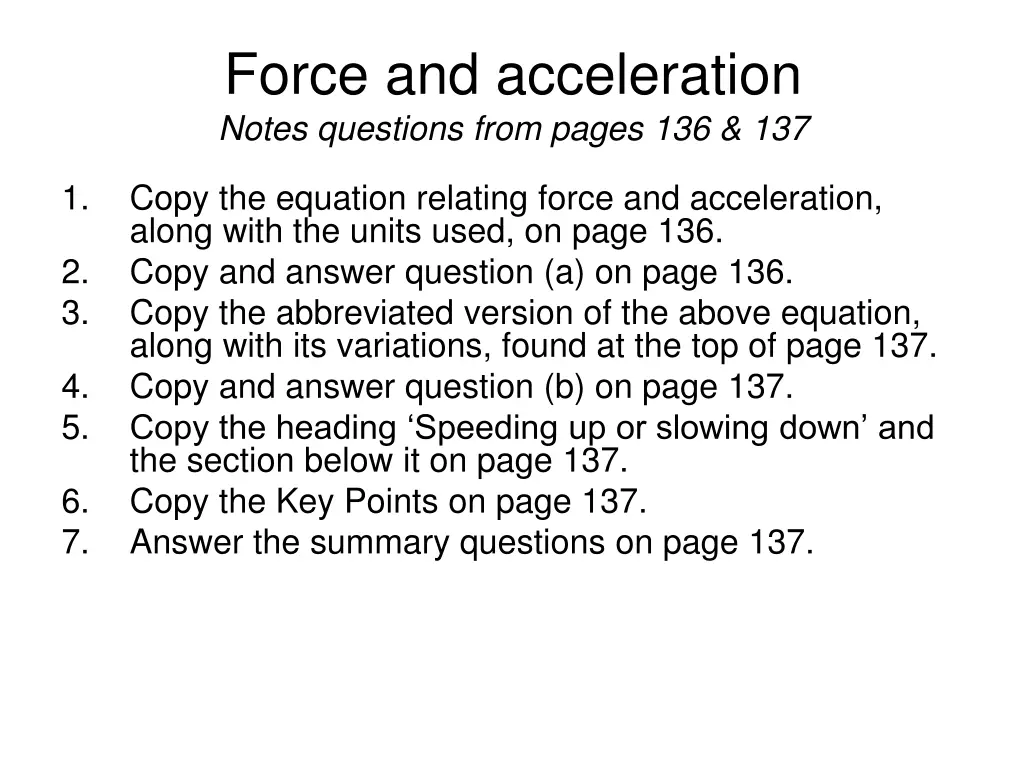 force and acceleration notes questions from pages