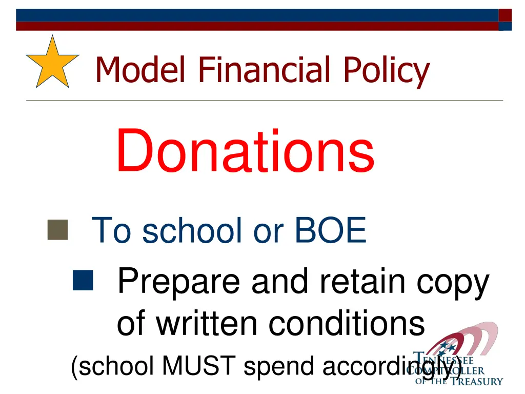 model financial policy donations