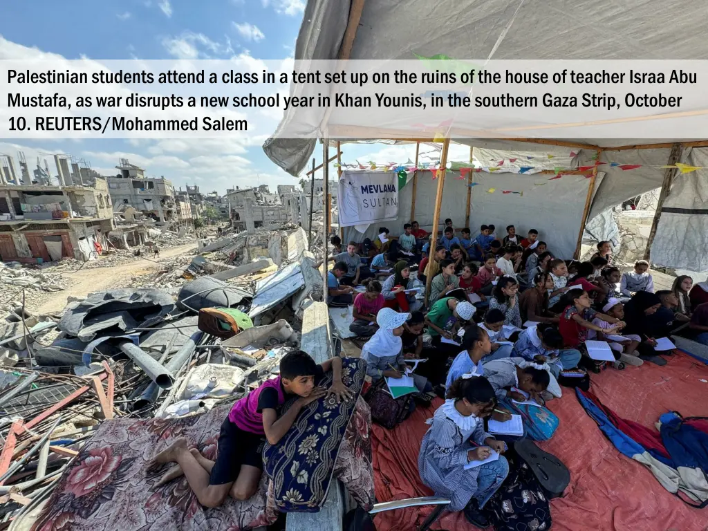 palestinian students attend a class in a tent