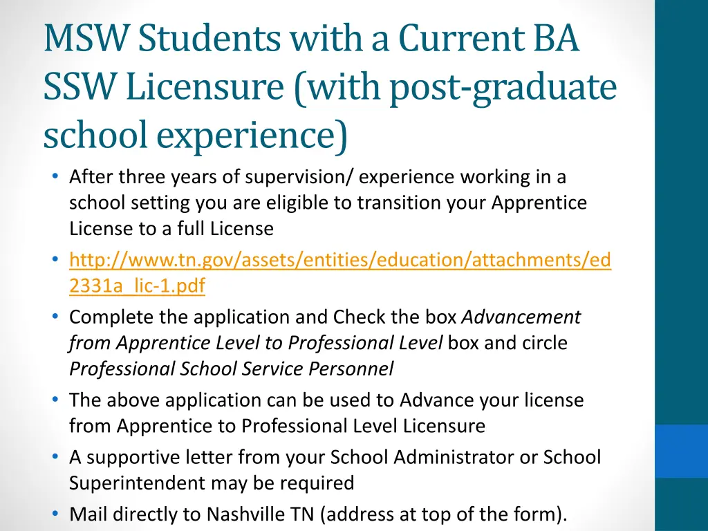 msw students with a current ba ssw licensure with