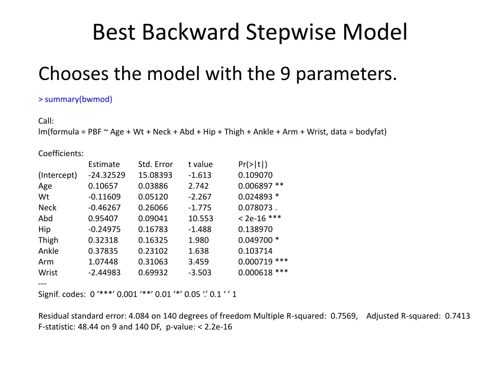 best backward stepwise model