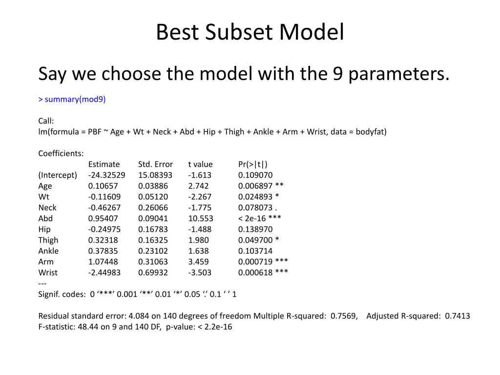 best subset model