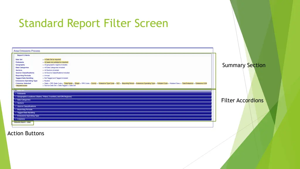 standard report filter screen