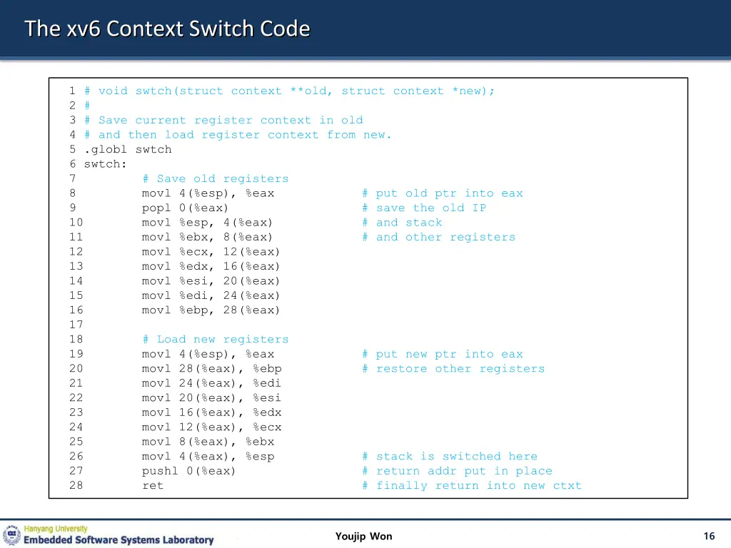 the xv6 context switch code