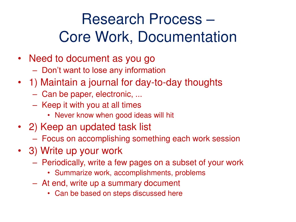 research process core work documentation
