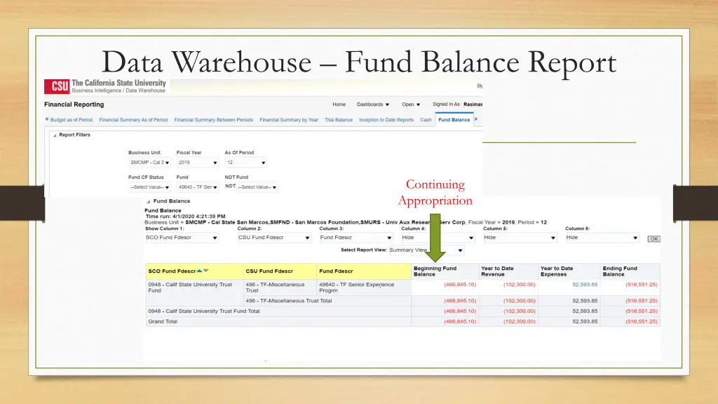 data warehouse fund balance report