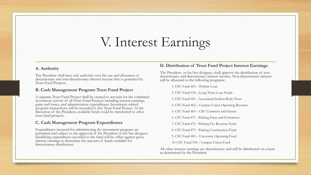 v interest earnings