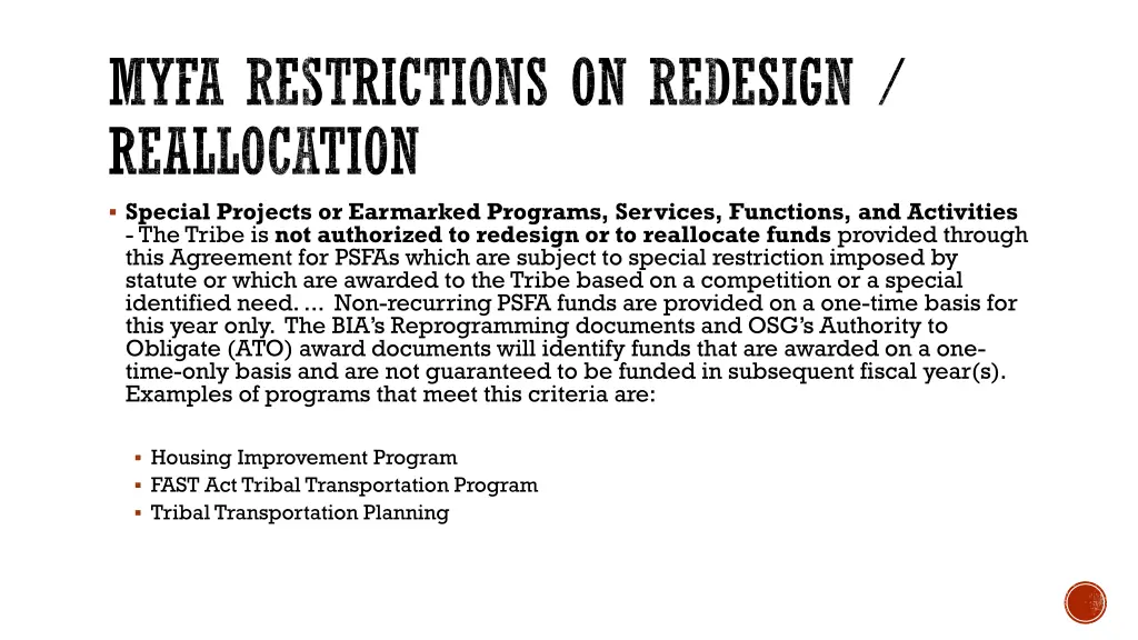 myfa restrictions on redesign reallocation