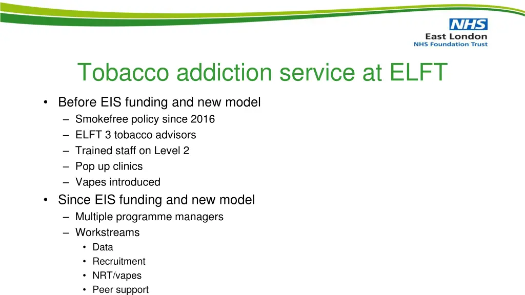 tobacco addiction service at elft