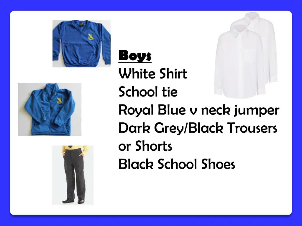 boys white shirt school tie royal blue v neck