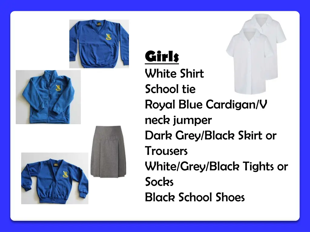girls white shirt school tie royal blue cardigan