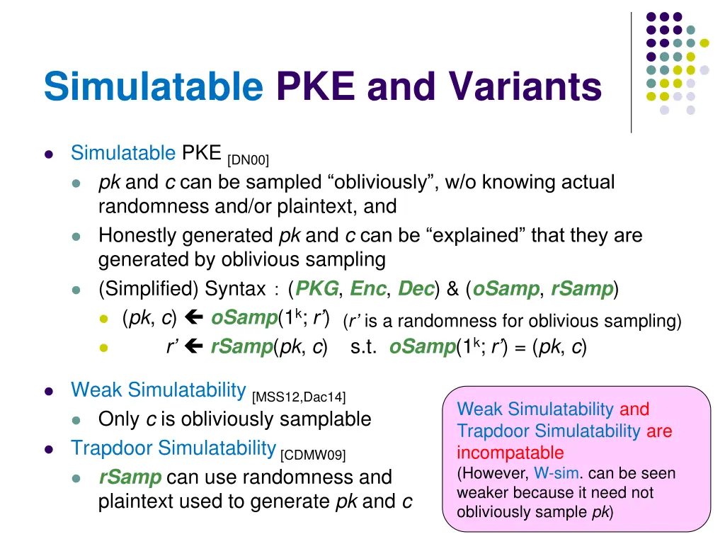 simulatable pke and variants