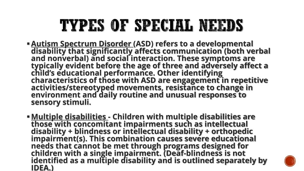 types of special needs autism spectrum disorder