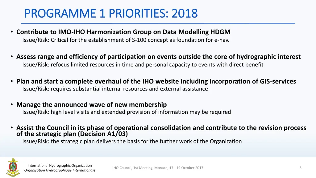 programme 1 priorities 2018 programme