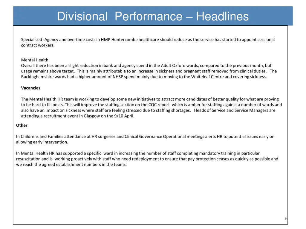 divisional performance headlines 1