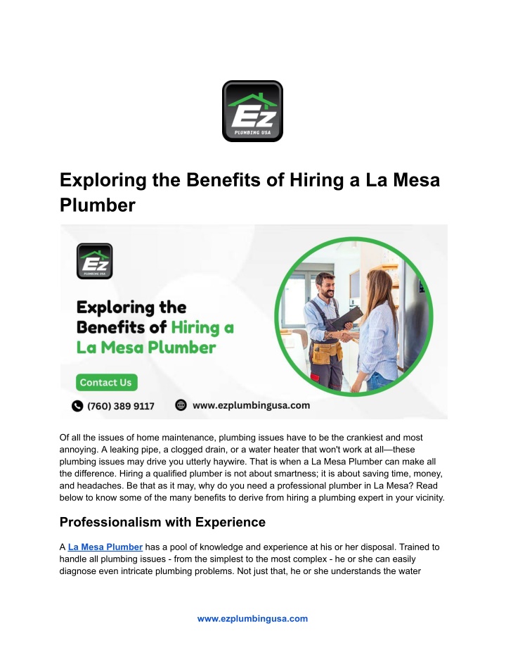 exploring the benefits of hiring a la mesa plumber