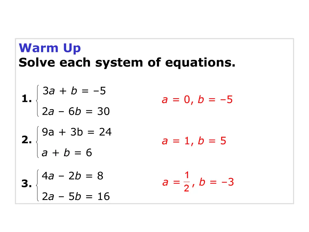 warm up solve each system of equations