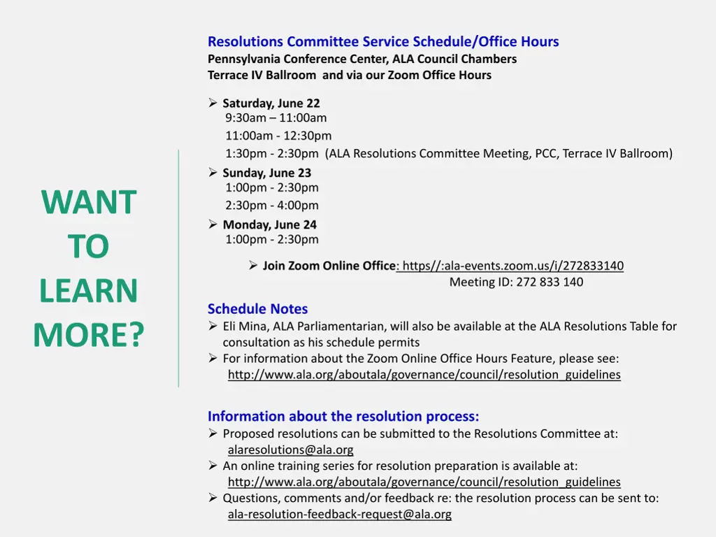 resolutions committee service schedule office