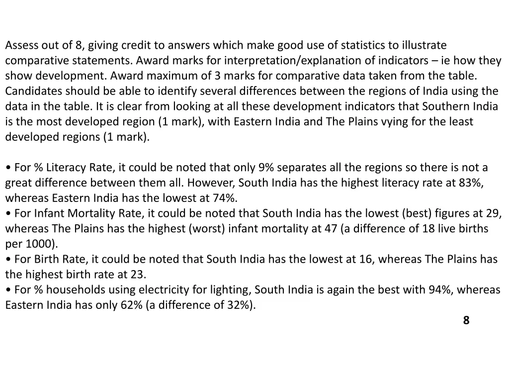 assess out of 8 giving credit to answers which