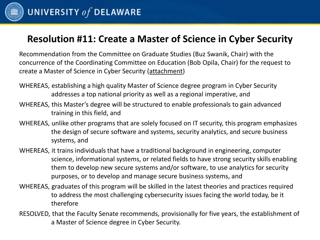 resolution 11 create a master of science in cyber