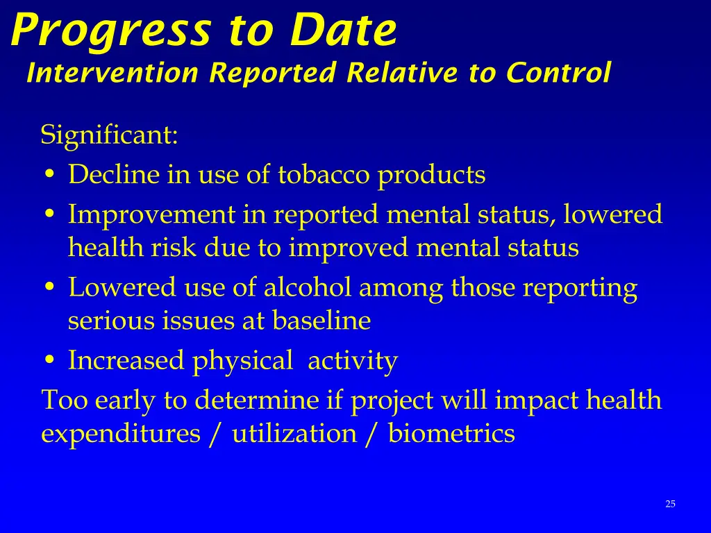 progress to date intervention reported relative