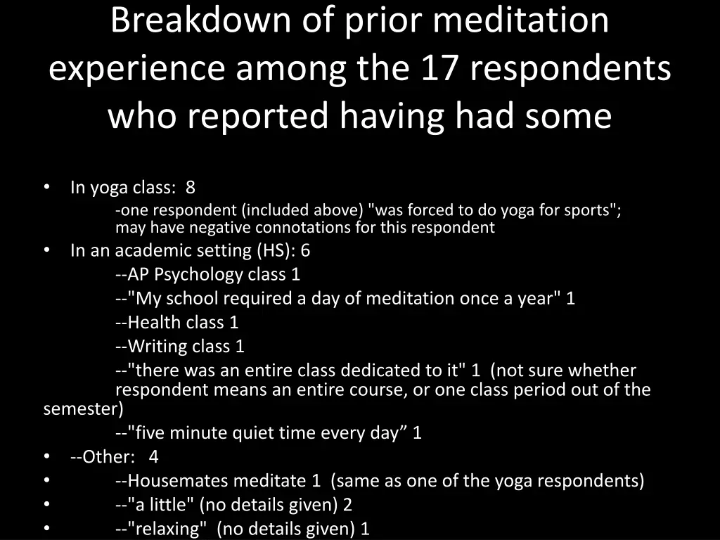 breakdown of prior meditation experience among