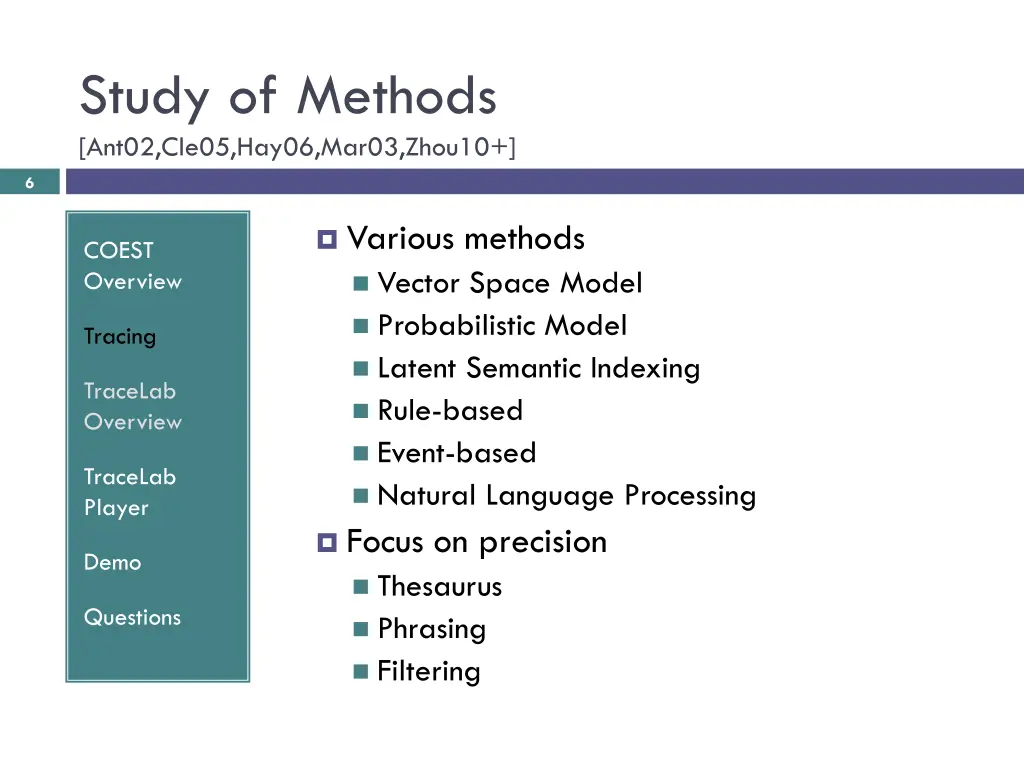 study of methods ant02 cle05 hay06 mar03 zhou10