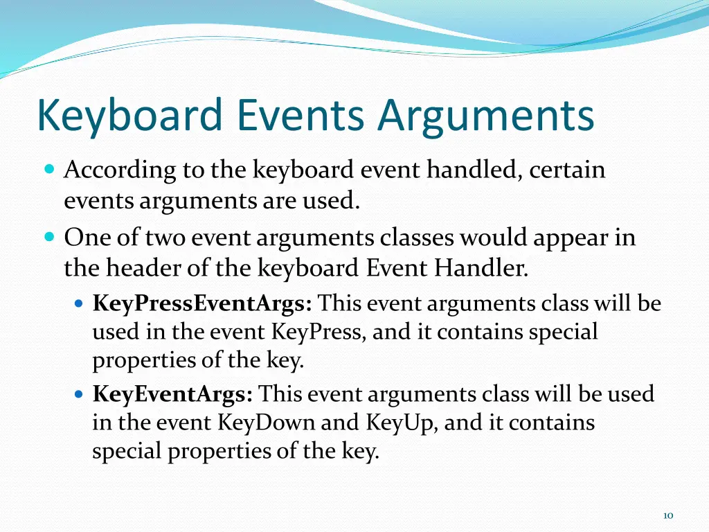 keyboard events arguments