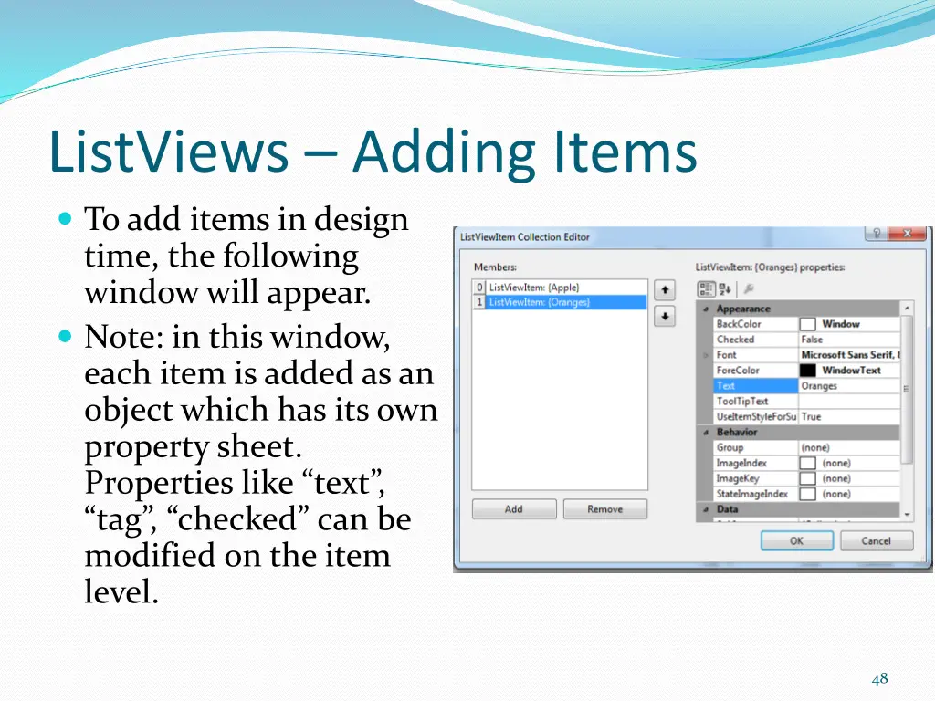 listviews adding items to add items in design