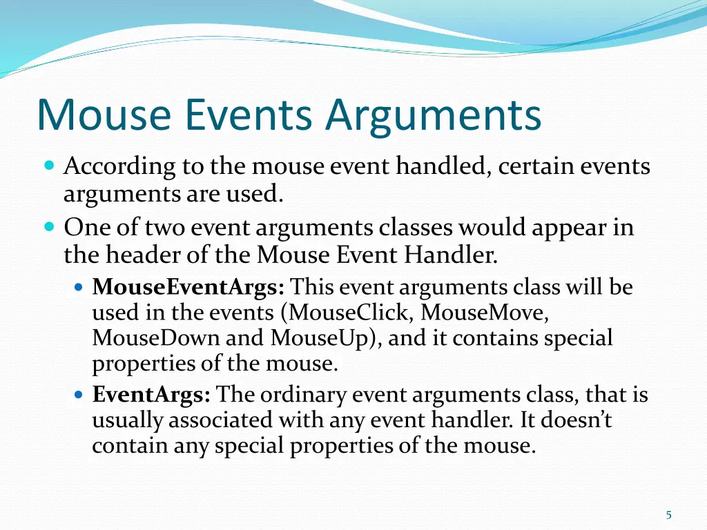 mouse events arguments according to the mouse